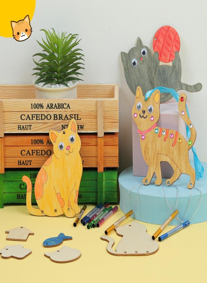 TREACLUB 12 Pack Wind Chime Kit for Kids, Make Your Own Wind Chime DIY Wood Arts and Crafts Decorative Coloring Wooden Hanging Ornaments for Girls Boys Home School Activity Party Supplies(Cute Cat) - Image 4
